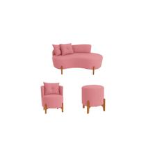 Kit Decorativo Sofá Curvo Orgânico + 01 Puff e Poltrona Luna Veludo Rosa - Montanaris Decor