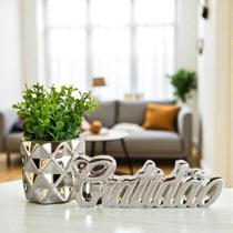 Kit Decorativo Vaso 3D Metalizado e Enfeite Gratidão com Bandeja Trabalhada - Rose/Dourado/Prata