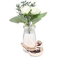 Kit Decorativo Vaso de Vidro com Flor e Passarinho Cerâmica
