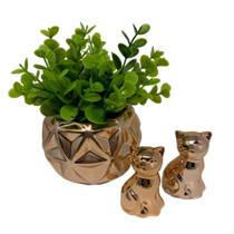 Kit decorativo vaso geométrico rose gold e dois gatinhos