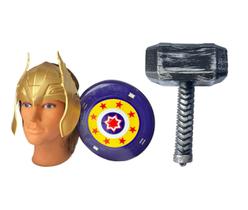 Kit Defensor Medieval Com Escudo, Máscara Dourado E Martelo Kit Defensor Medieval Com Escudo, Máscara Dourado E Martelo