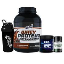 Kit Definição Máxima Whey Protein 900g + Picolinato de Cromo + Pré-Treino 300g Limão + Coqueteleira Sabor:Chocolate