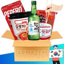 Kit Degustação Coreano Com 5 Itens Kimchi Conserva, Lamen Copo Shin, Soju Fresh, Yopokki Sabor Kimchi & Pepero Chocolate