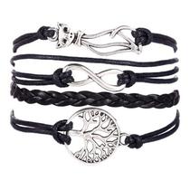 Kit Delhi Pulseira E Colar Prateados Talismã Couro Legítimo