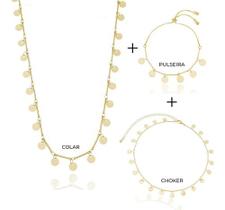 Kit Denise - Choker Fio Palito + Colar + Pulseira Chapinha Banhado em Ouro 18k