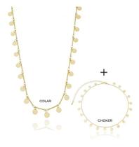 Kit Denise - Colar + Choker Fio Palito Chapinha Redonda Banhado em Ouro 18k