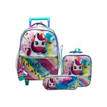 Kit Denlex Mochila Rodinhas Infantil Feminino Unicórnio Colorido Pop It Lancheira Estojo