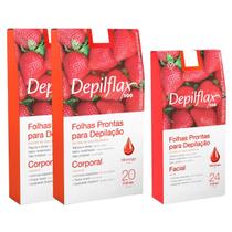Kit Depilação Completa Depilflax 2 Corporal + 1 Facial Folhas Prontas Depilação Morango Kit Depilação Completa Depilflax 2 Corporal + 1 Facial Folhas Prontas Depilação Morango