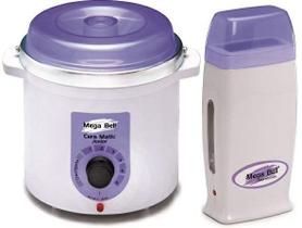 Kit Depilação Termocera 400gr Sem Refil Branca Com Lilás + Aquecedor de Cera Roll-on Lilás Mega Bell