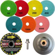 Kit Desbaste Acabamento Polimento Porcelanato 7 Lixas Diamantadas + Rebolo 3 Polegadas + Suporte