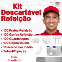 Kit Descartáveis Refeição 401 Peças Copo Prato Garfo Guardanapo Saco de Lixo Para 100 Pessoas