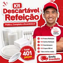 Kit Descartáveis Refeição 401 Peças Copos Pratos Garfos Guardanapos Saco de Lixo Para 100 Pessoas