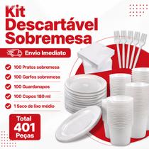 Kit Descartáveis Sobremesa 401 Peças Prato Garfo Copo Guardanapo Saco de lixo Para 100 Pessoas Kit Descartáveis Sobremesa 401 Peças Prato Garfo Copo Guardanapo Saco de lixo Para 100 Pessoas