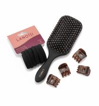 Kit Desembaraço Essencial Lanossi Beauty & Care 1 Escova Raquete (Cor sortida Preta ou Rosa) + 4 Prendedores + 6 Elást