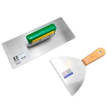 Kit Desempenadeira Galo Aço Inox 113/00 Com Espátula Compel 15Cm Cabo de Madeira Para Acabamento de Paredes e Pisos Profissional