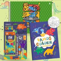 Kit Desenho Dinossauros com Caderno Grande Capa Dura + Livro de Colorir + Kit Escolar Temático 7pcs