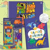 Kit Desenho Dinossauros com Caderno Grande Capa Dura + Livro de Colorir + Kit Escolar Temático 7pcs