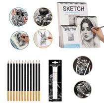 Kit Desenho Profissional Completo com Lápis 12 Grafite Caderno Sketchbook 3 Lápis Carvão Branco para Realismo Artístico - Kit Desenho Profissional Completo com Lápis 12 Grafite Caderno Sketchbook 3 Lápis Carvão Branco para Realismo Artístico -