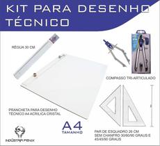 Kit Desenho Técnico Prancheta a4 Acrilico Cristal Engenharia Arquitetura Par Esquadro 26 cm Compasso Cis 303 - Fenix