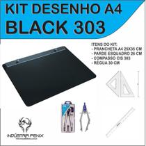 Kit Desenho Técnico Prancheta A4 Preto Esquadro 26Cm Cis303