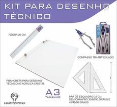 Kit Desenho Técnico Prancheta Engenharia Arquitetura Edificações A3 ACRILICO Par Esquadro 32 cm Compasso Cis 303 Regua 3 - Fenix