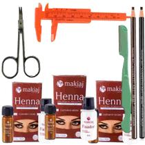 Kit designer sobrancelha profissional 3 henna makiaj + 2 lápis dermatográfico + tesoura + navalha