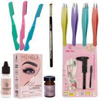 Kit Designer Sobrancelhas Henna MENELA Completo 4 Pinças 3 Navalhas Pincel Macrilan Paquímetro Molde