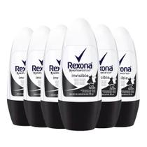 Kit Desodorante Roll On Rexona Invisible Feminino 50ml - 6 Unidades