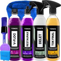 Kit Detergente Automotivo Neutro V-Floc Renovador de Plasticos Restaurax Limpador Delet Cera Liquida Spray Tok Final Vonixx