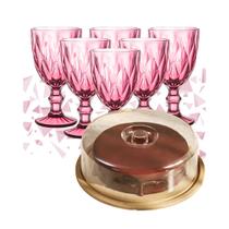 Kit Dia das Mães 6 Taça Vidro 340ml Diamond e Boleira Redonda Porta Bolo Bambu com Tampa Kit Dia das Mães 6 Taça Vidro 340ml Diamond e Boleira Redonda Porta Bolo Bambu com Tampa