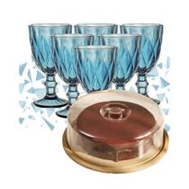 Kit Dia das Mães 6 Taça Vidro 340ml Diamond e Boleira Redonda Porta Bolo Bambu com Tampa Kit Dia das Mães 6 Taça Vidro 340ml Diamond e Boleira Redonda Porta Bolo Bambu com Tampa