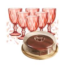 Kit Dia das Mães 6 Taça Vidro 340ml Diamond e Boleira Redonda Porta Bolo Bambu com Tampa Kit Dia das Mães 6 Taça Vidro 340ml Diamond e Boleira Redonda Porta Bolo Bambu com Tampa