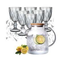 Kit Dia das Mães 6 Taça Vidro 340ml Diamond e Jarra Chaleira Bule de Vidro 1.8L