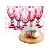 Kit Dia das Mães 6 Taça Vidro 340ml Diamond e Queijeira Bambu com Tampa