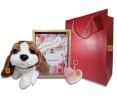 Kit Dia das Mães Cachorro Pelucia + Porta Retrato + Chaveiro Coração Pelúcia