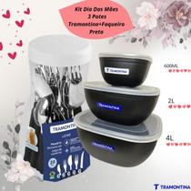 Kit Dia das Mães Faqueiro Tramontina Leme 20 Peças Preto Com 3 Potes Mix Color Kit Dia das Mães Faqueiro Tramontina Leme 20 Peças Preto Com 3 Potes Mix Color