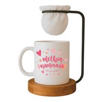Kit Dia dos Namorados: Caneca 'Melhor Namorada do Mundo' com Mini Coador de Café e Base em Madeira