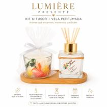 Kit Difusor de Ambientes + Vela Perfumada Tropical Aromas + bandeja madeira