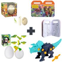 Kit dinossauro dino ovo nasce e cresce na água + ovo fossil + dino monta e desmonta e livro dinossauro para colorir