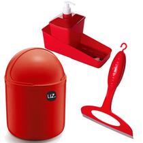 Kit Dispenser Detergente Porta Bucha Pia Rodinho Vermelho Para Cozinha Limpeza