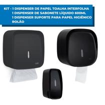 Kit Dispenser Papel Toalha Interfolha + Papel Higiênico Rolão e Saboneteira C/ Reservatório 600ml Invoq