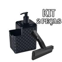 kit Dispenser Porta Detergente 2 em 1 com Suporte para Esponja e Rodo Preto