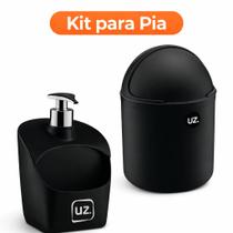 Kit Dispenser Porta Detergente Preto + Lixeira 4L De Pia Com Tampa Capacete Cozinha UZ Organizador
