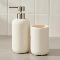 Kit Dispenser Porta Sabonete Líquido E Copo Porta Escovas Em Poliresina Design Quartzo 500ml