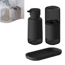 Kit Dispenser Porta Sabonete Líquido Suporte Escova Creme Dental Bandeja Pia Preto Dual KTE 128 Ou Kit Dispenser Porta Sabonete Líquido Suporte Escova Creme Dental Bandeja Pia Preto Dual KTE 128 Ou