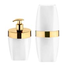 Kit Dispenser Porta Sabonete Líquido Suporte Escova Dente Creme Dental Banheiro Branco Dourado - Future