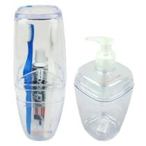 Kit Dispenser Sabonete Líquido 400ml + Suporte Porta Escova Dente Creme Dental Lavabo Banheiro Transparente - AMZ