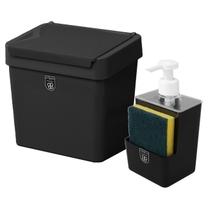 Kit Dispenser Sabonete Líquido + Lixeira 2,5 Litros Com Tampa Cozinha Preto - Pop Crippa Kit Dispenser Sabonete Líquido + Lixeira 2,5 Litros Com Tampa Cozinha Preto - Pop Crippa