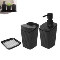 Kit Dispenser Sabonete Líquido Porta Cotonete Algodão Saboneteira De Banheiro New Square Preto - Coza Kit Dispenser Sabonete Líquido Porta Cotonete Algodão Saboneteira De Banheiro New Square Preto - Coza