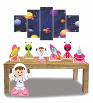 Kit Display Festa Astronauta Menina Cabelo Castanho + Quadro Decorativo Mosaico